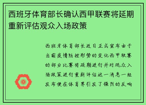 西班牙体育部长确认西甲联赛将延期重新评估观众入场政策